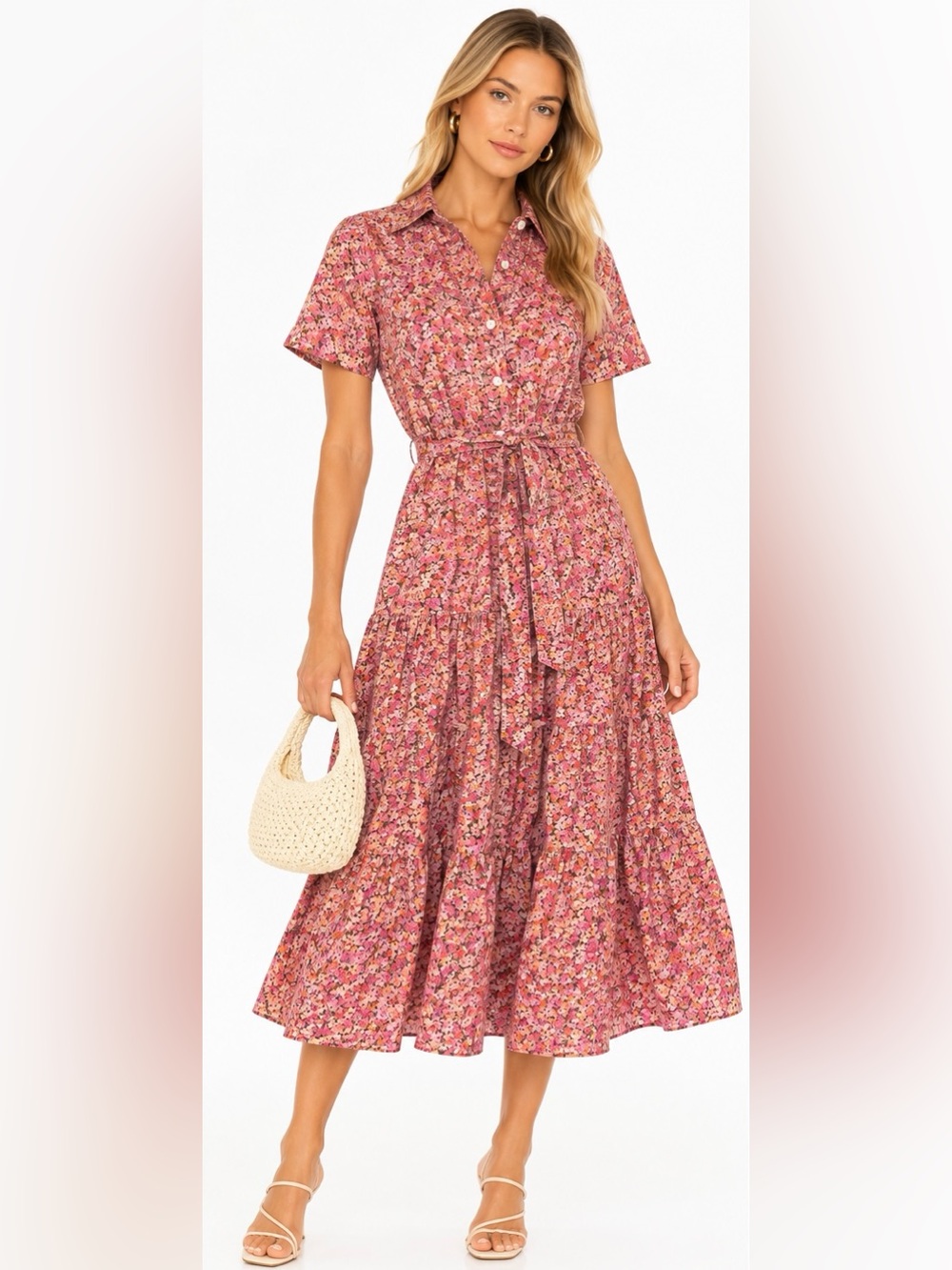 Simons x Liberty London Pink Floral Organic Cotton Midi Shirt Dress P/S